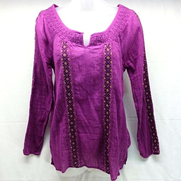 Nine West Tops - Nine West Embroidered Gauze Tunic/Blouse Smocked Scoop Collar Women's S Purple.